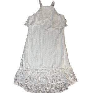 Kaari Blue Bright White High-Lo Crossover Neckline Halter Fringe Trim Size XL‎